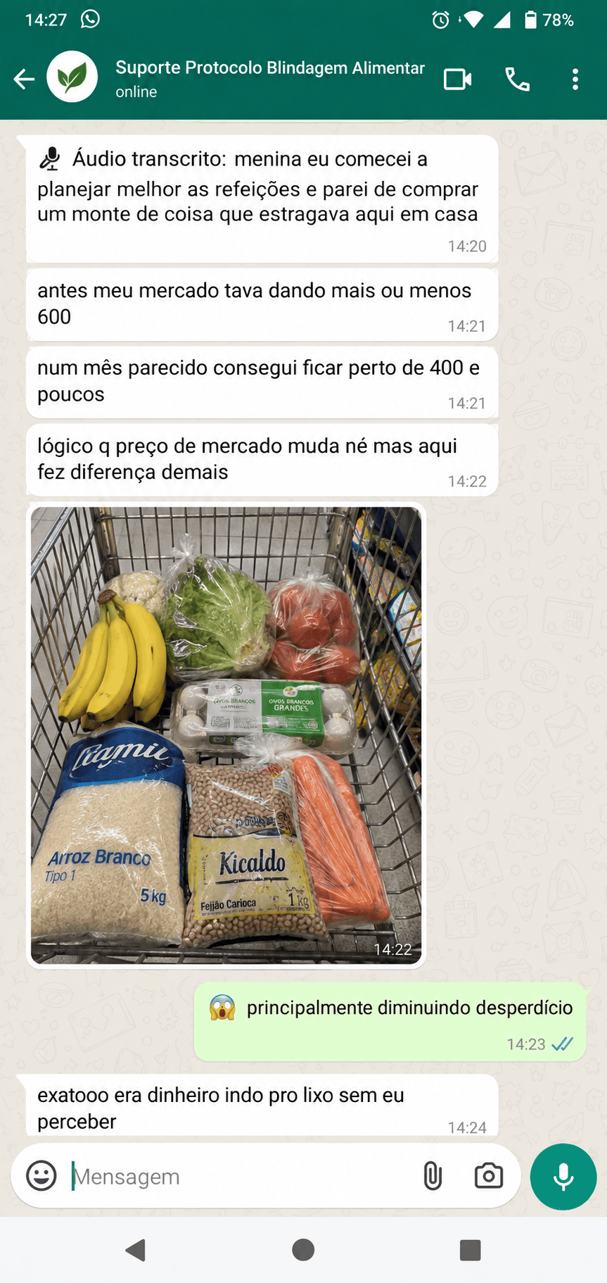 Depoimento em conversa de WhatsApp sobre economia no mercado