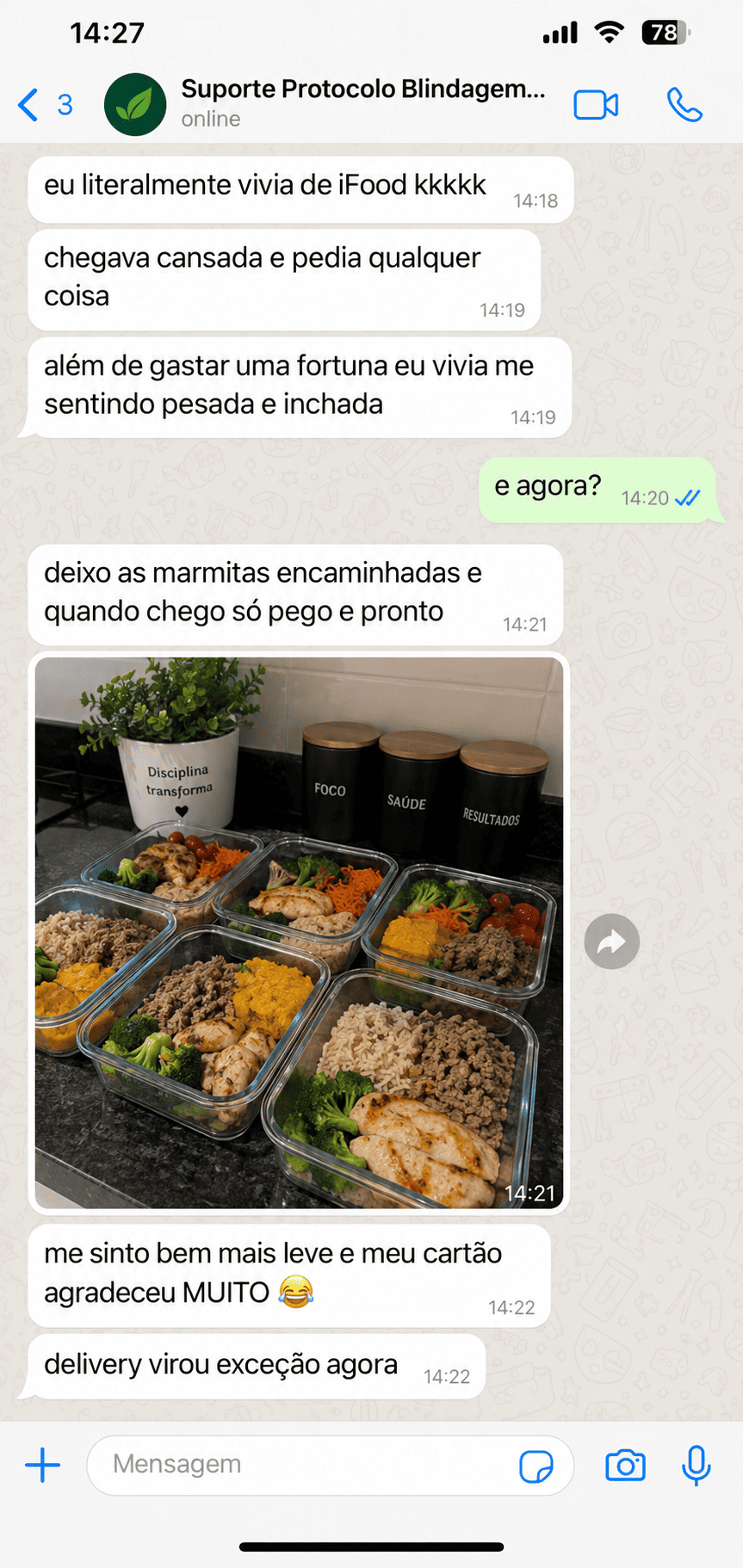Depoimento em conversa de mensagens sobre preparar marmitas