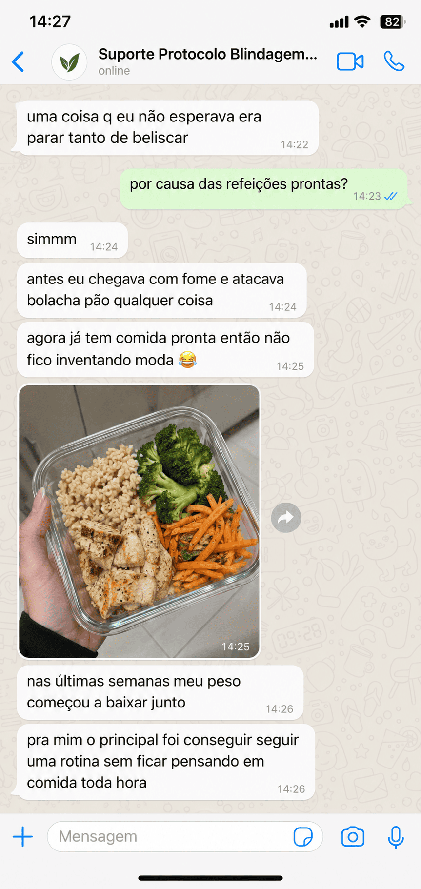 Depoimento em conversa de mensagens sobre reduzir beliscos e manter a rotina